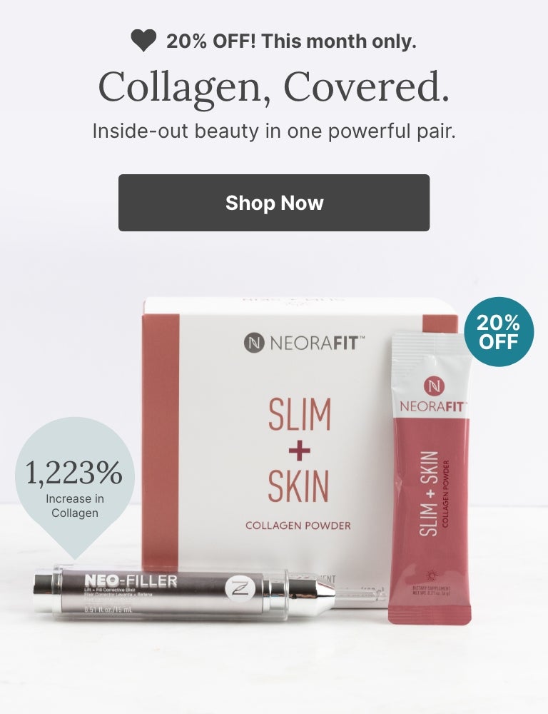 A promotional banner for a combo of Neora’s Neo-FILLER and NeoraFit Slim + Skin. Featured is text reading ”20% OFF this month only.” and a “Shop Now” button underneath it.